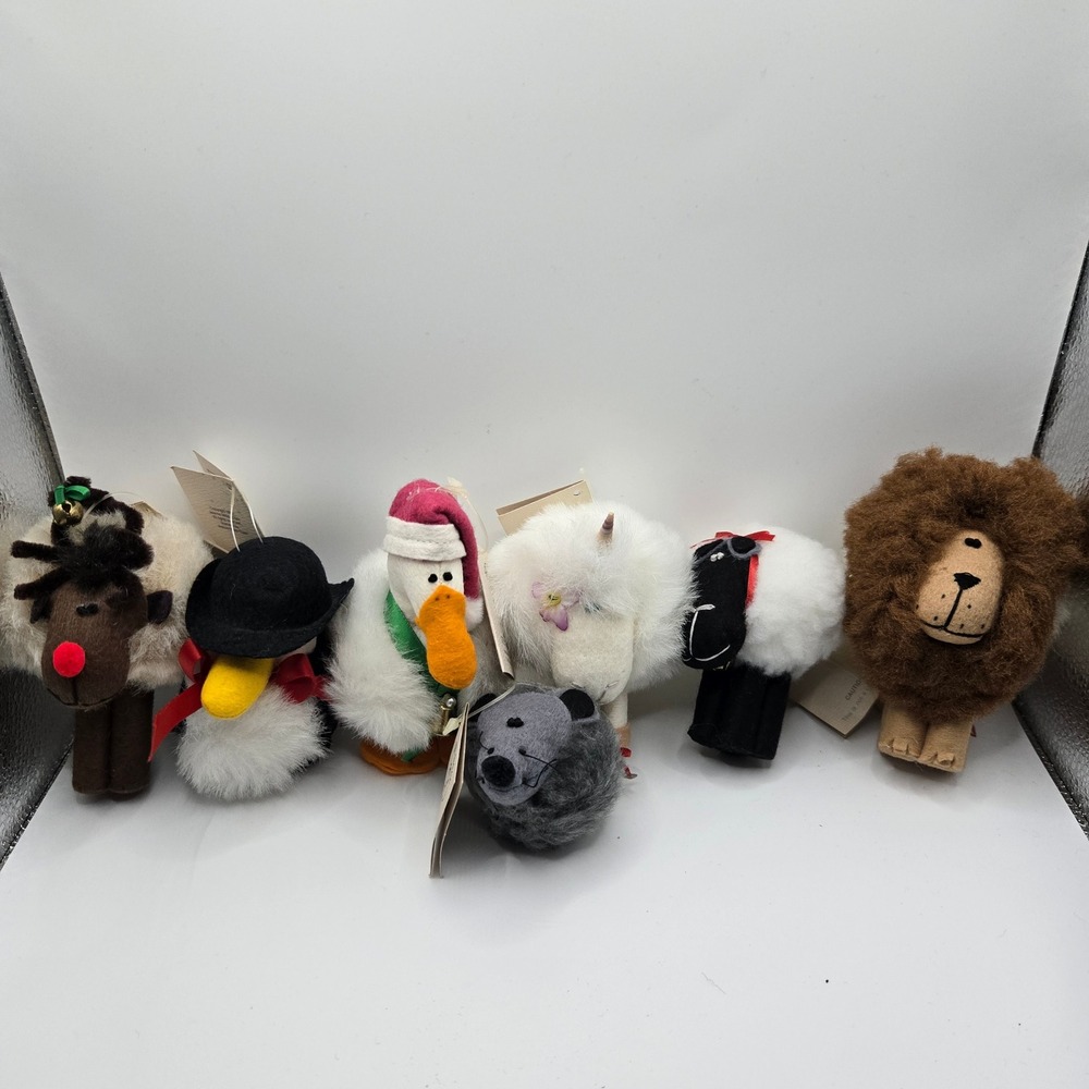 Vintage Soft Ball Creatures Christmas Set of 7 Holiday Decor Animal Figures‎